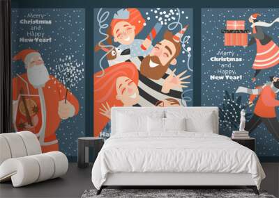 Set of funny cards for Christmas and New Year. Vector illustration in cartoon style Wall mural