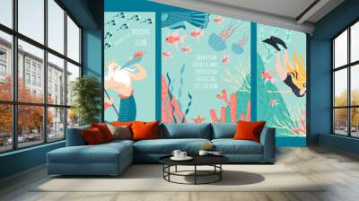 Set of vector flyer or banner templates for a diving club with a cute diver and a funny fairytale character surrounded by fish, algae and coral. Wall mural