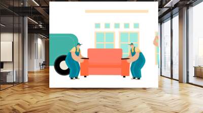 Set of vector illustrations of a moving service with men in uniform driving and carrying furniture and cardboard boxes. Movers at work. Wall mural