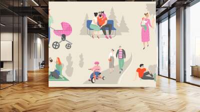 Set of vector illustrations  of families with children and young couples relaxing in the park Wall mural