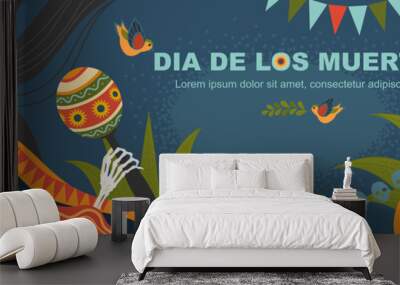 Vector banner for mexican day of the dead with a female skeleton in a traditional dress with a guitar and maracaswith a guitar and maracas Wall mural