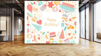 Vector birthday card with cake and candles, sweets, balloons and confetti on a white background Wall mural