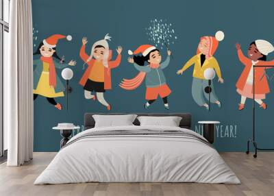 Vector congratulatory banner for Christmas and New Year with cute kids in santa hats with sparklers. Wall mural