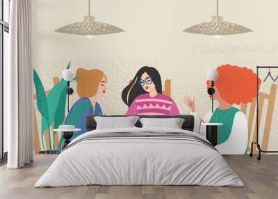 Vector illustration with three cute girls siting in a cafe Wall mural