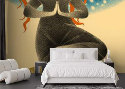 Young woman meditating under the night sky. Girl doing yoga Wall mural