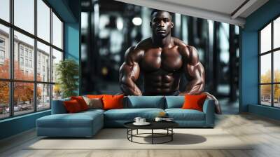 A black man is working out in the gym and engaging in fitness training to build muscle and improve his physique as a bodybuilder. Sports, athlete, person do challenge, performance and and strength Wall mural