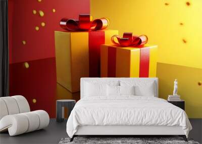 Christmas and New Year on yellow background. 3D creative Yellow & Red Gift Box. 3D yellow gift boxes with ribbon in red . 3D rendering of a modern holiday surprise box. copy space texture concept Wall mural