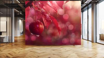 Creative fruits composition. Fresh cherry fruits. Three cherries with drops of water. Ripe red cherries hang from a tree in the garden Wall mural