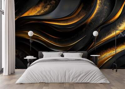 Luxurious golden background with satin drapery. 3d illustration, 3d rendering.3d Abstract Modern Business Background wallpaper background golden with black wavy lines. gold marble wave abstract backgr Wall mural