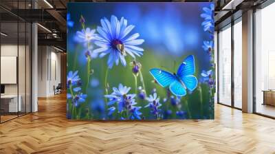 Wild light blue flowers in field and two fluttering butterfly on nature outdoors - AI Generative Wall mural