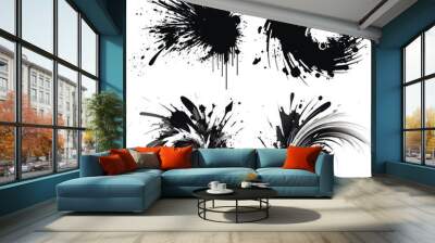 Black ink watercolor splash splatter stain blots brush strokes on white background. Modern splashes set. Trendy isolated black design on white background. Elements. Vector dirty splashes collection Wall mural