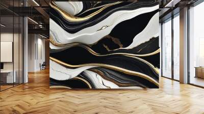 Black white gold liquid 3d abstract marbled background with golden wavy lines. Marble stone texture, jasper. Ornamental art Deco marble textured waves pattern. Fake painted artificial stone texture Wall mural