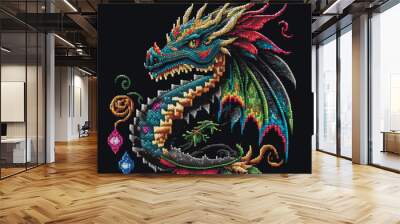 Colorful textured embroidery flying dragon pattern background illustration. Bright ornamental tapestry stitching lines abstract dragon. Cross stitching digital design. For applique, prints, craft Wall mural