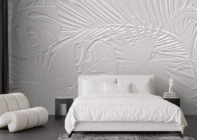 Embossed tropical palm leaves white 3d seamless pattern. Beautiful floral relief background. Repeat textured vector backdrop. Surface emboss leaves. 3d ornament with embossing effect. Leafy texture Wall mural