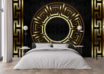 Gold 3d seamless pattern with greek borders. Grunge halftone honeycomb background. Vector repeat textured black backdrop. Luxury royal 3d ornament. Greek key, meanders, borders, circle, round mandala Wall mural