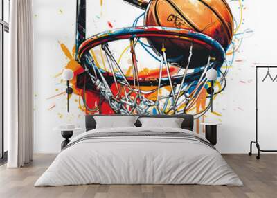 Graffiti style drawing basketball ball in basket pattern background illustration with colorful doodle splashes, splatters. Isolated painted basketball ball on white background. Sports trendy design Wall mural