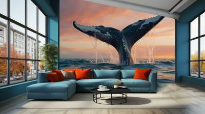 A majestic humpback whale raises its powerful tail above the ocean water, creating an impressive image of marine life in action Wall mural