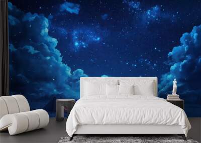 Camping fire under the amazing blue starry sky with a lot of shining stars and clouds.  Wall mural