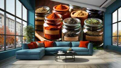 An illustrated depiction of a set of various colorful spices in glass jars and ceramic bowls. The intricate details of each spice bring them to life. Generative AI Wall mural