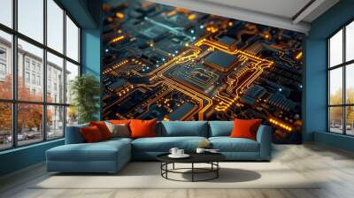 Electronic circuit board, computer motherboard with gold backlight. Futuristic design, advanced technologies. Generative AI Wall mural