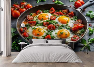 Sunny side up eggs with mixed green and tomato sauce Wall mural