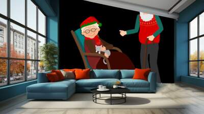 Elderly couple with santa and Christmas elf hats celebrating Christmas. Feeling happy of granddaddy and grandmother retirement age. Flat style vector illustration isolated transparent background. Wall mural