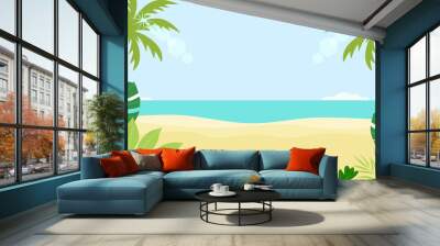 Scene of green tropical leaves with beach and sea. Summer concept banner template. Flat design vector illustration. Wall mural