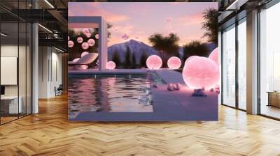 A contemporary backyard setting with a pool and a series of suspended, glowing orbs in pink and yellow, casting 3D intricate, soft-glow patterns, orb odyssey Wall mural