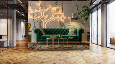 A high-end living room where a plush green velvet sofa and a neon-lit tree pattern on the wall merge art with luxury. The room includes gold decorative  Wall mural