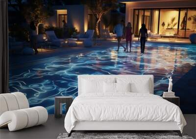 A modern backyard with a pool and a surrounding interactive light floor, creating 3D intricate, responsive patterns as people walk by, interactive intrigue Wall mural