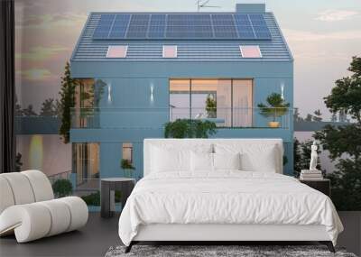 Modern light blue double-story house with solar panels and storage batteries on a suburban roof, featuring a minimalist living room with a white sofa and green plants, sunrise over a peaceful lake Wall mural