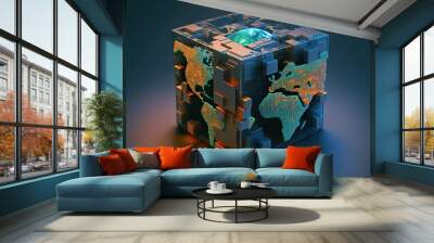 A sphere similar to Earth globe in a metalic structure, illustrative concept of communications, web and energy, generative ai illustration Wall mural