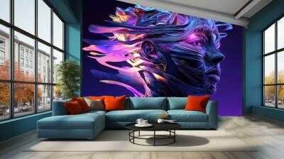 Abstract human figure with vibrant colors and flowing shapes, set against a dark purple background, showcasing futuristic artistic expression Wall mural