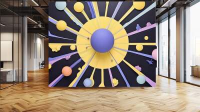 Colorful abstract representation of the solar system with stylized planets and rays on a black background Wall mural