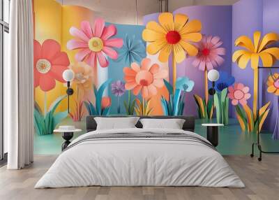 Colorful giant paper flower garden installation with vibrant blooms and greenery in a bright indoor space Wall mural