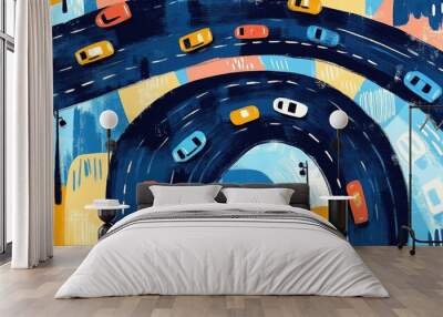 Colorful illustration of winding city roads with various cars cruising on a sunny day, showcasing urban traffic dynamics Wall mural