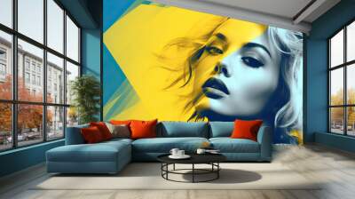 Portrait of a woman, pop art style, on yellow and blue background, generative ai illustration, with copy space Wall mural