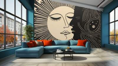 Sun and moon artistic ilustration woodcut print in black and white Wall mural