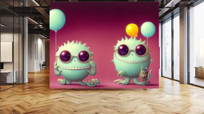 Two green funny monsters 3d cartoon Wall mural