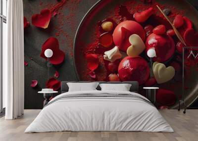 Valentine red dessert with white heart shaped little chocolates Wall mural