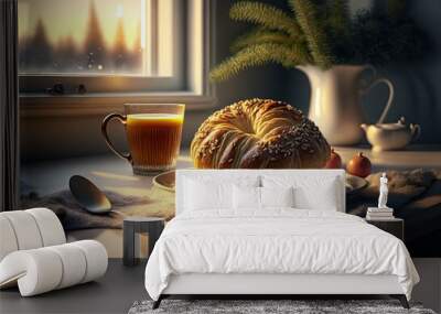 Very tasty bread and cup of tea on a wooden table during christmas season at sunrise Wall mural