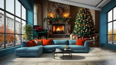 Beautiful green Christmas tree with decorative round balls in a room with a burning fireplace Wall mural