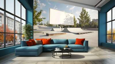 Modern skate park with a blank billboard, 3D rendered for youth-oriented ads. Wall mural