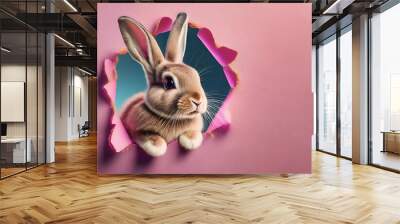 Bunny with sunglasses peeking out of a hole in pink wall, fluffy eared bunny easter bunny banner, rabbit jump out torn hole Wall mural