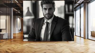 A confident businessman sitting in an office, dressed in a suit, exuding professionalism and determination in a monochrome setting. Wall mural