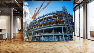 A modern construction site showcasing cranes and scaffolding against a vibrant sky, highlighting architectural progress. Wall mural