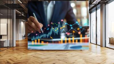 Business professional analyzing data on tablet, showcasing financial charts and graphs to drive informed decisions. Wall mural