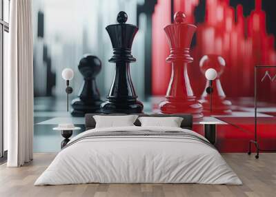 Close-up view of chess pieces on a board, showcasing strategy and competition in a dynamic setting of black and red colors. Wall mural