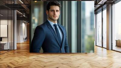 Professional man in a stylish suit standing confidently by a large window, exuding charisma and sophistication in a modern office. Wall mural