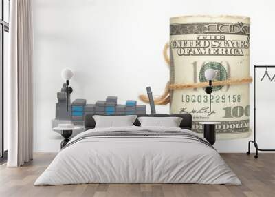 A picture of vessel miniatures and fake cash roll on white background. Shipment cost concept. Wall mural